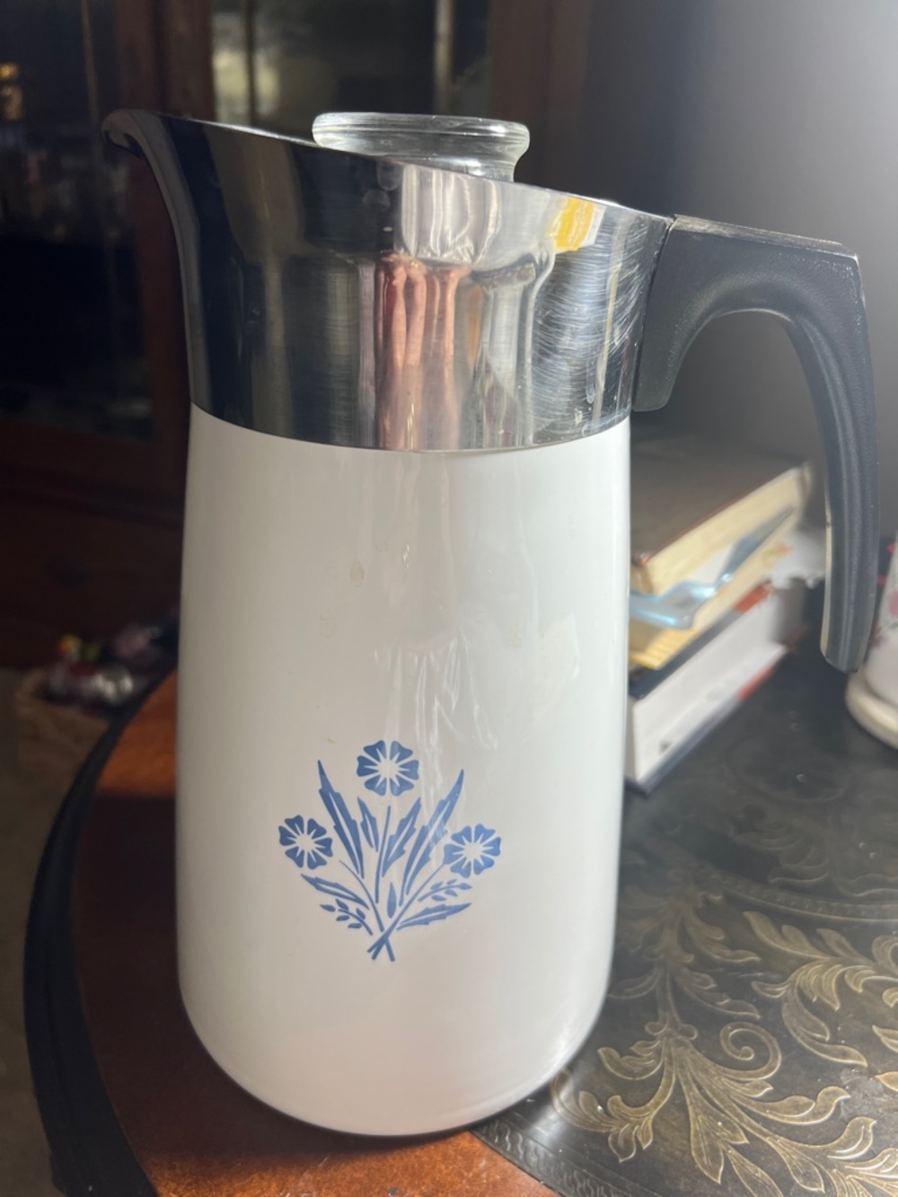 vintage Corningware White and Blue Floral Percolator Coffee Pot